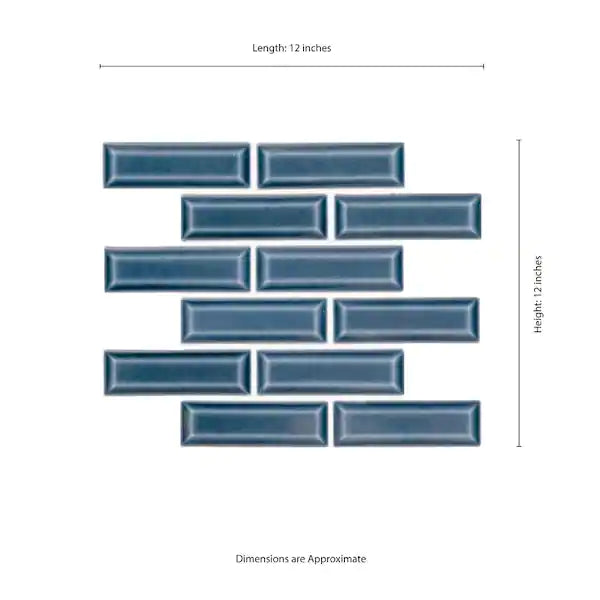 MSI’s BAY BLUE BEVELED TILE 2” x 6” ceramic subway tiles, arranged in a staggered brick pattern, offer an elegant and stylish choice for a backsplash. Each piece covers approximately 1 square foot.